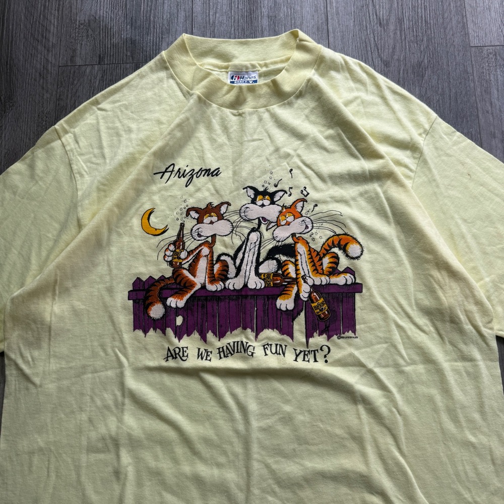Vintage 80s Arizona Drunk Cats Humor Tee XL USA Hanes Beefy-T single stitch